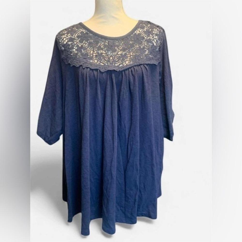 Lane Bryant Plus Size Navy‎ Blue Lace Yoke Babydoll Tunic Top 30/32